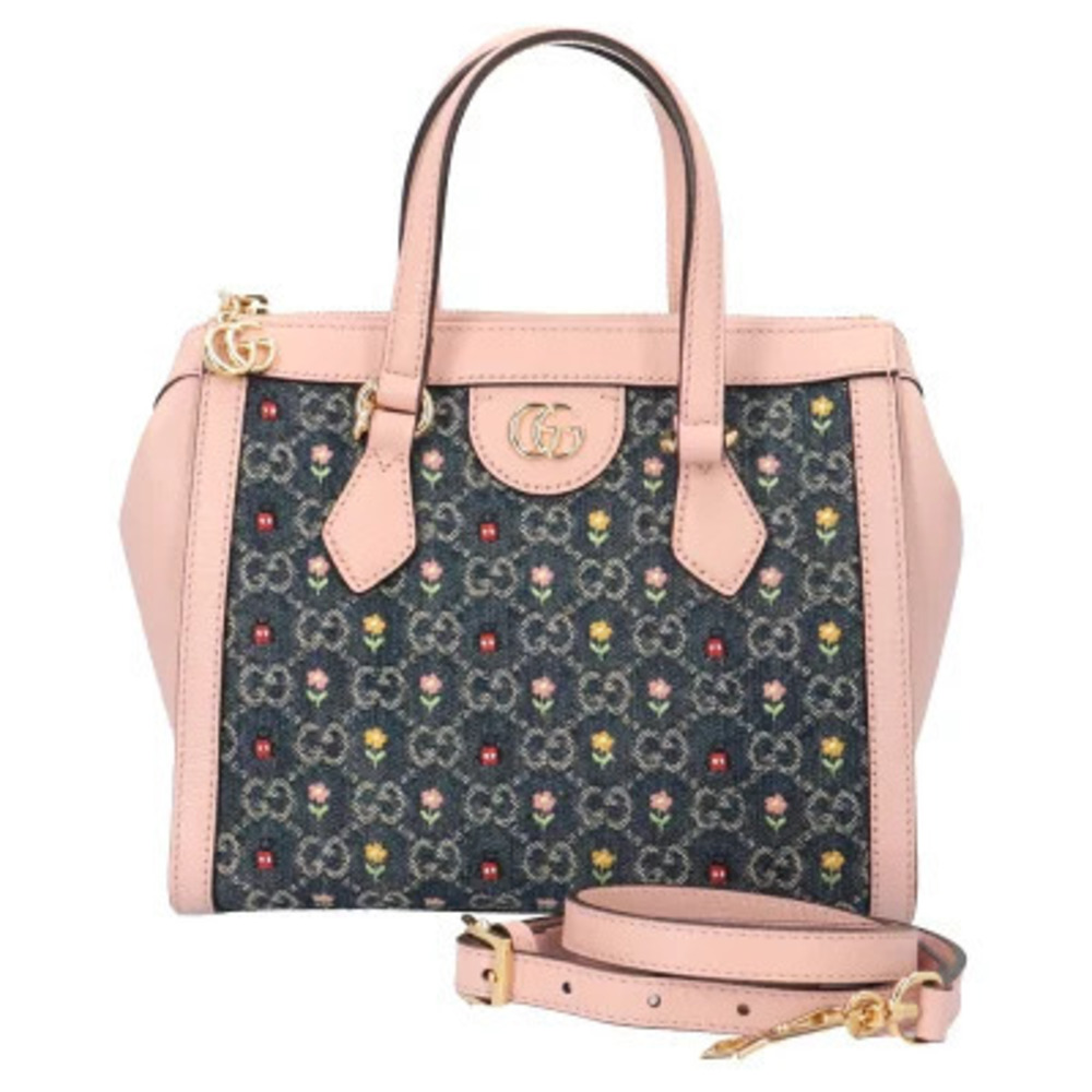 Gucci Flower Embroidery GG Marmont Shoulder Bag Denim Navy Blue